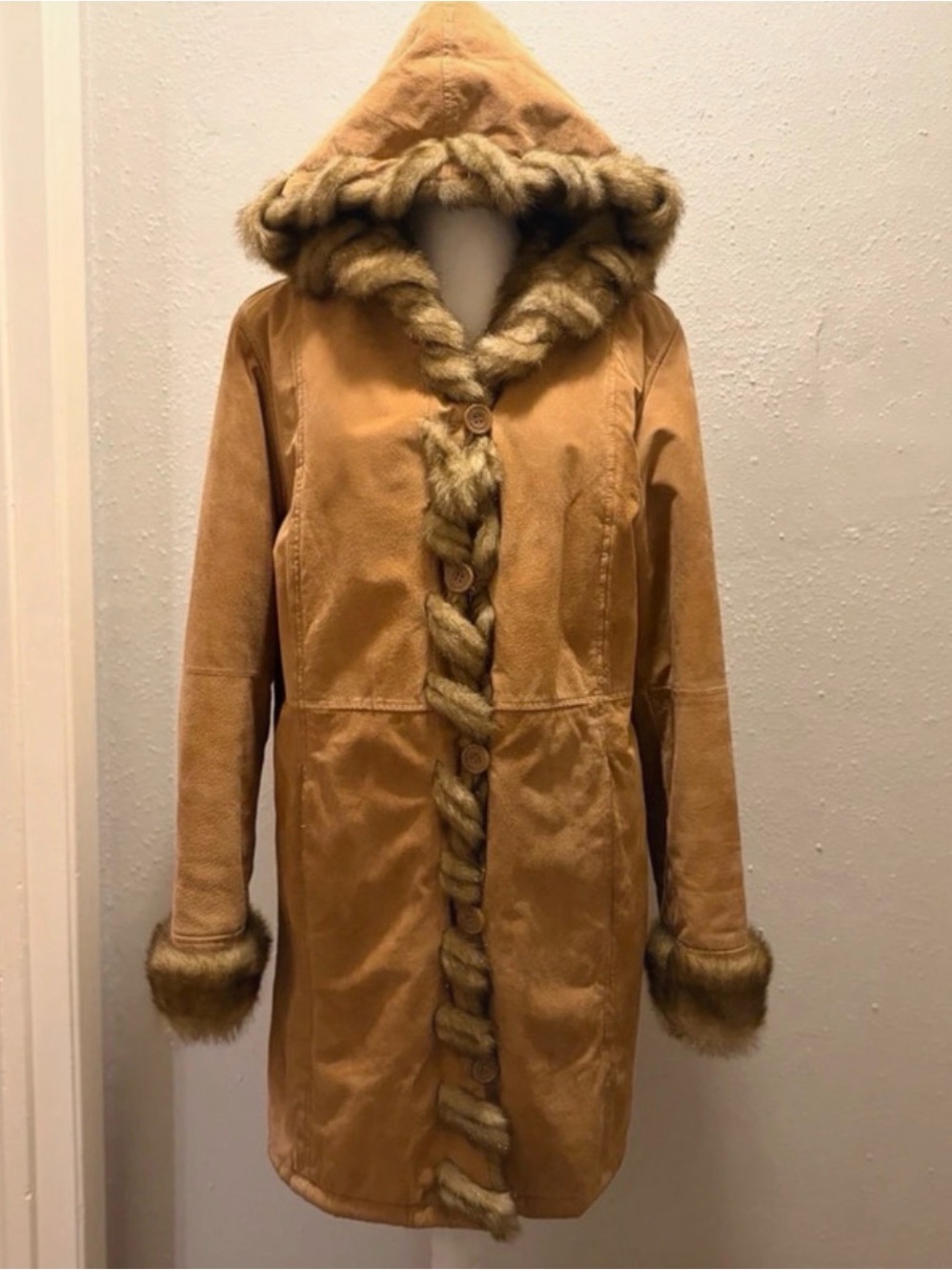 dennis basso Camel Hooded Suede Trench Coat with Braided Faux Fur Trim